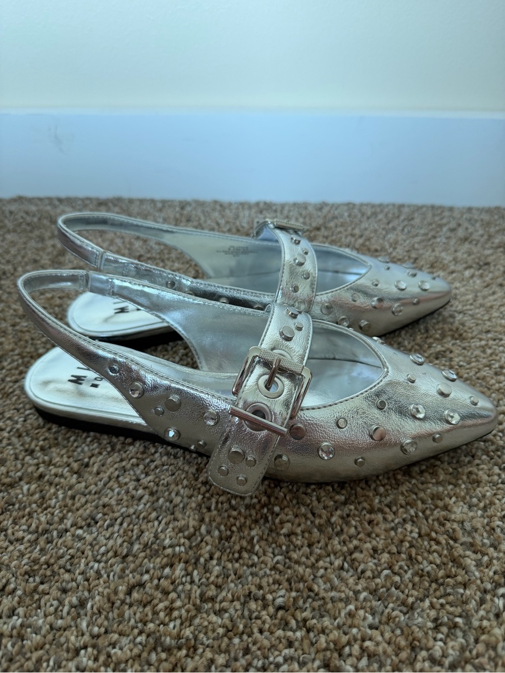 MIX NO. 6 Silver Studded Pointed Toe Sling Back Flat